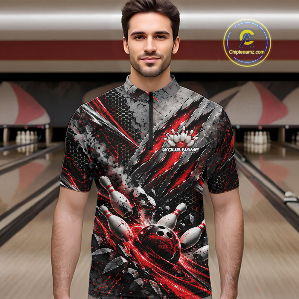 Red Claw Marks Custom Bowling Jersey, Bowling Tournament Men Quarter Zip Shirt Team Uniform IPHW12415