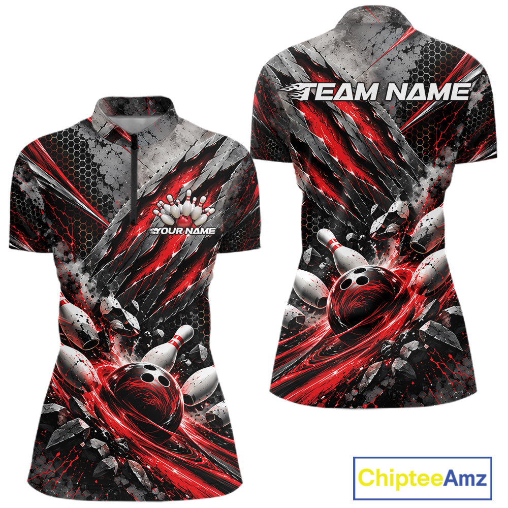 Red Claw Marks Custom Bowling Jersey, Bowling Tournament Women Quarter-Zip Shirt IPHW12415