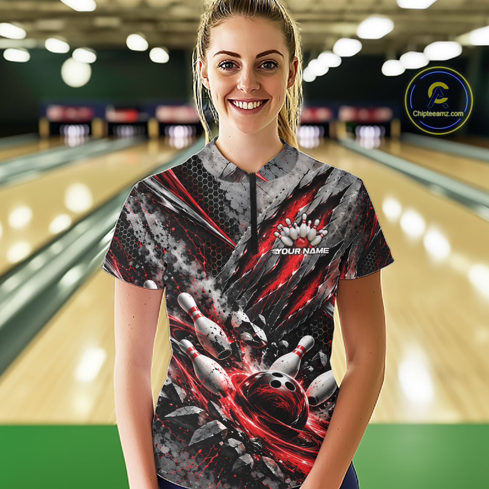 Red Claw Marks Custom Bowling Jersey, Bowling Tournament Women Quarter-Zip Shirt IPHW12415