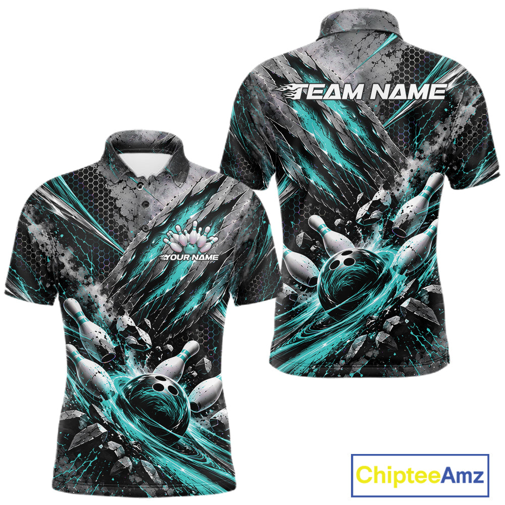 Turquoise Claw Marks Custom Bowling Jersey, Bowling Tournament Men Polo Shirt Team Uniform IPHW12416