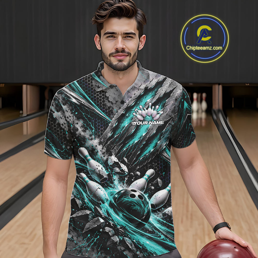 Turquoise Claw Marks Custom Bowling Jersey, Bowling Tournament Men Polo Shirt Team Uniform IPHW12416