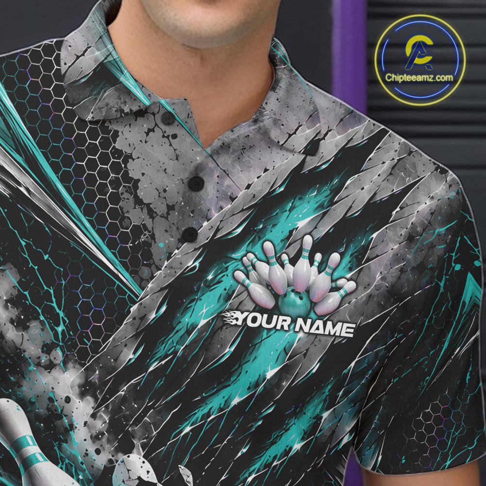 Turquoise Claw Marks Custom Bowling Jersey, Bowling Tournament Men Polo Shirt Team Uniform IPHW12416