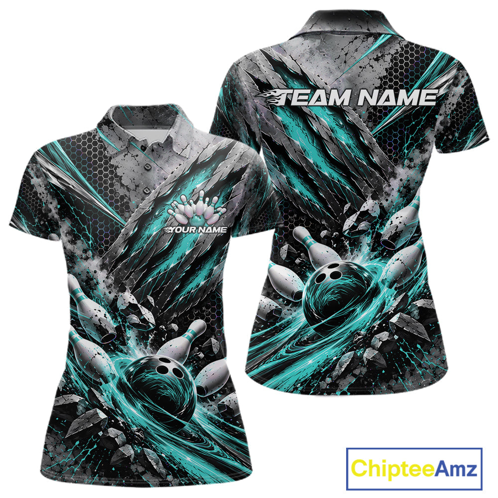 Turquoise Claw Marks Custom Bowling Jersey, Bowling Tournament Women Polo Shirt Team Uniform IPHW12416