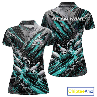 Turquoise Claw Marks Custom Bowling Jersey, Bowling Tournament Women Polo Shirt Team Uniform IPHW12416