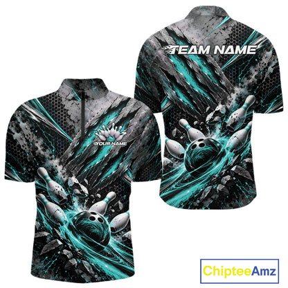 Turquoise Claw Marks Custom Bowling Jersey, Bowling Tournament Men Quarter Zip Shirt IPHW12416