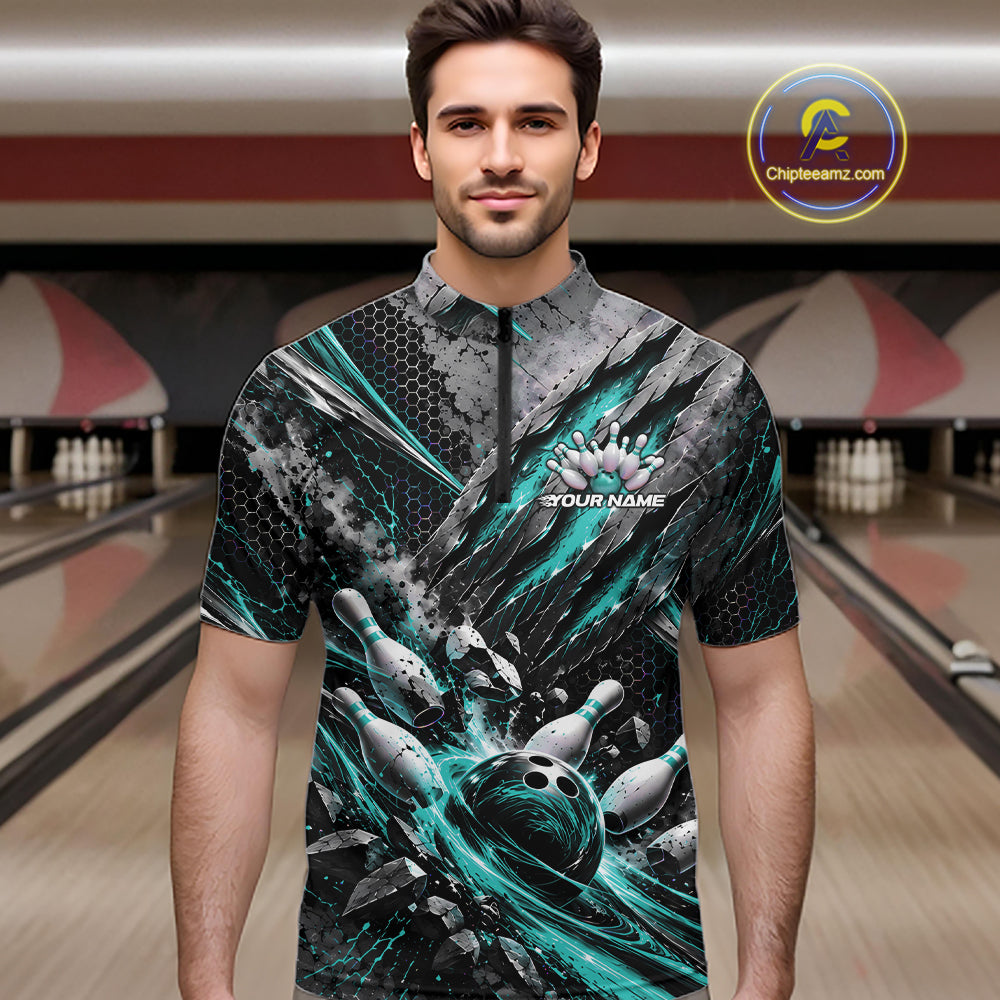 Turquoise Claw Marks Custom Bowling Jersey, Bowling Tournament Men Quarter Zip Shirt IPHW12416