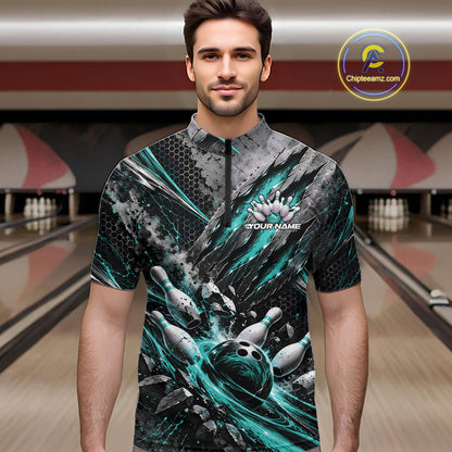 Turquoise Claw Marks Custom Bowling Jersey, Bowling Tournament Men Quarter Zip Shirt IPHW12416