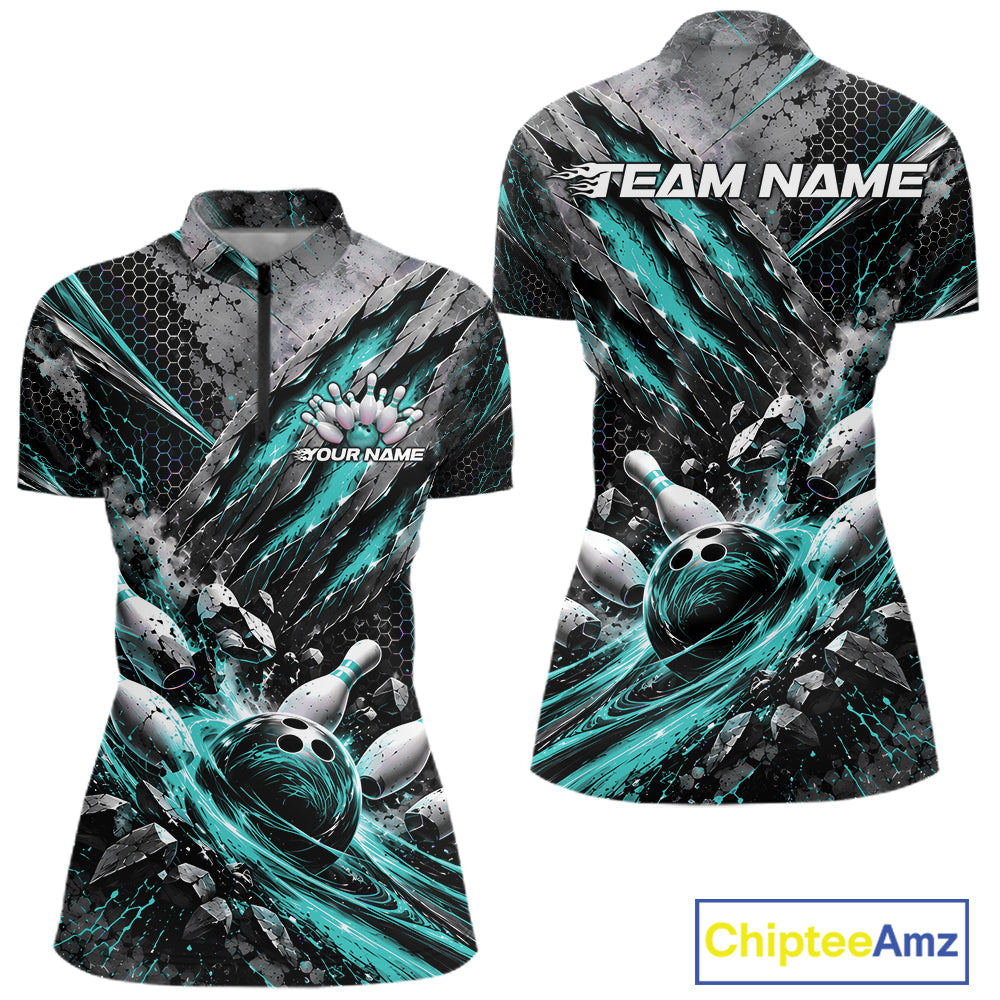Turquoise Claw Marks Custom Bowling Jersey, Bowling Tournament Women Quarter-Zip Shirt IPHW12416