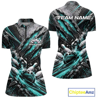 Turquoise Claw Marks Custom Bowling Jersey, Bowling Tournament Women Quarter-Zip Shirt IPHW12416