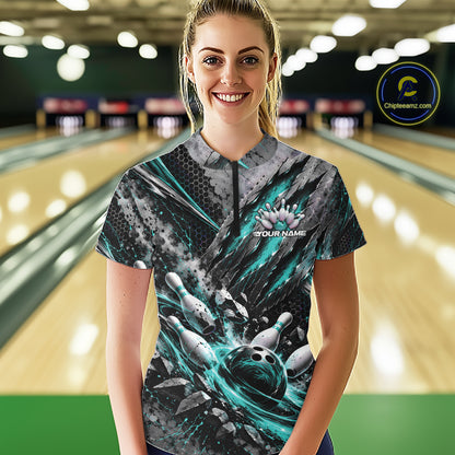 Turquoise Claw Marks Custom Bowling Jersey, Bowling Tournament Women Quarter-Zip Shirt IPHW12416