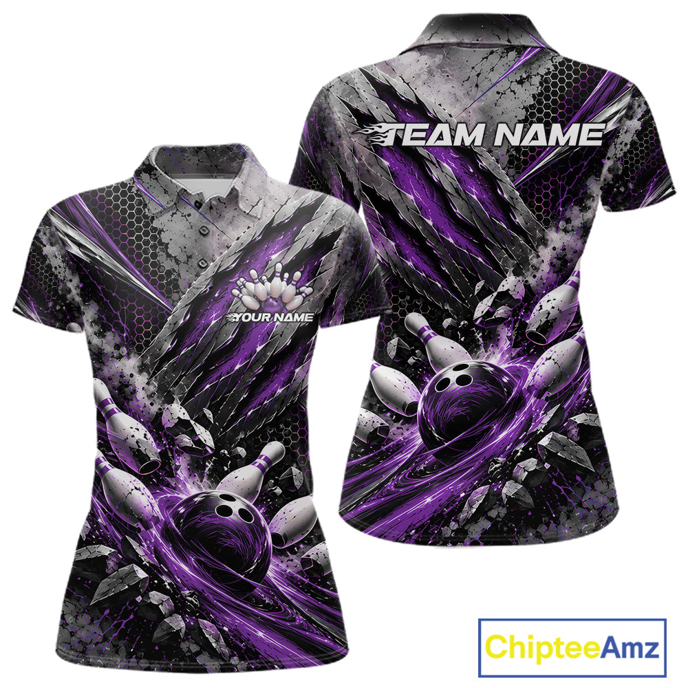 Purple Claw Marks Custom Bowling Jersey, Bowling Tournament Women Polo Shirt Team Uniform IPHW12417