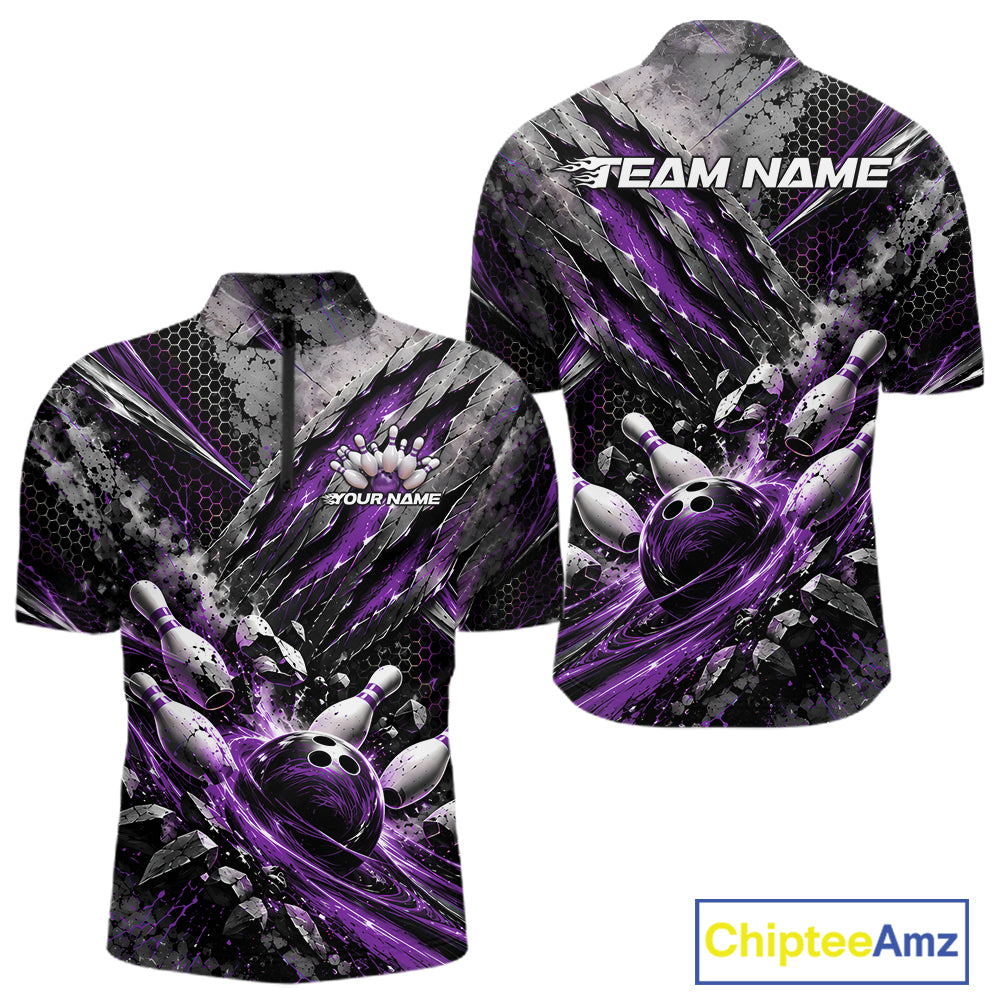 Purple Claw Marks Custom Bowling Jersey, Bowling Tournament Men Quarter Zip Shirt Team Uniform IPHW12417