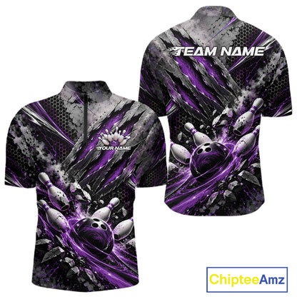 Purple Claw Marks Custom Bowling Jersey, Bowling Tournament Men Quarter Zip Shirt Team Uniform IPHW12417