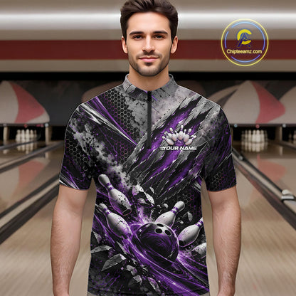 Purple Claw Marks Custom Bowling Jersey, Bowling Tournament Men Quarter Zip Shirt Team Uniform IPHW12417