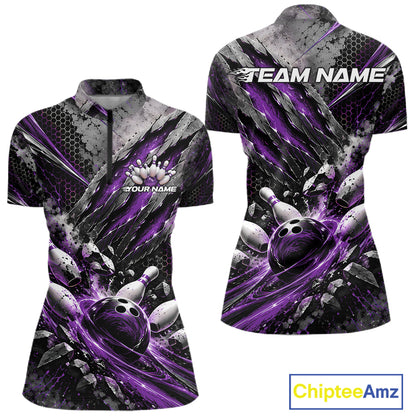 Purple Claw Marks Custom Bowling Jersey, Bowling Tournament Women Quarter-Zip Shirt IPHW12417