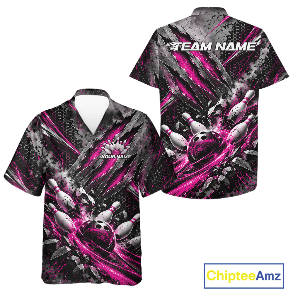 Pink Claw Marks Custom Bowling Jersey, Bowling Tournament Men And Women Button Up Shirt Team Uniform IPHW12418