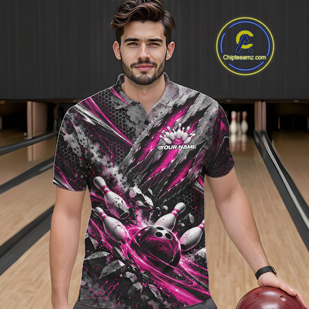 Pink Claw Marks Custom Bowling Jersey, Bowling Tournament Men Polo Shirt Team Uniform IPHW12418