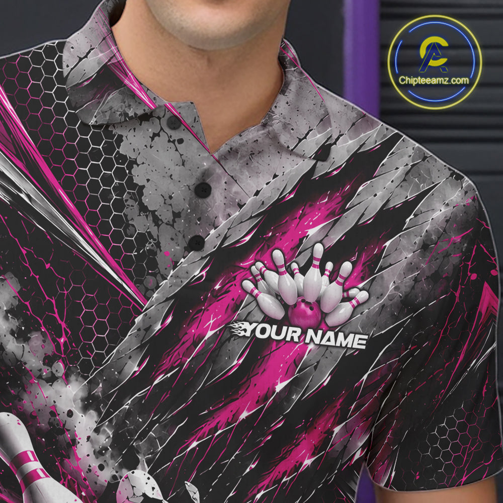 Pink Claw Marks Custom Bowling Jersey, Bowling Tournament Men Polo Shirt Team Uniform IPHW12418