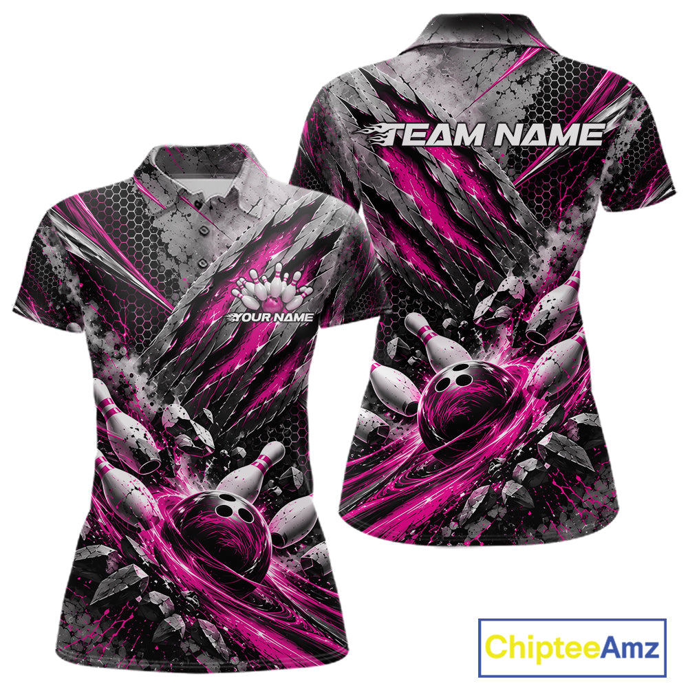 Pink Claw Marks Custom Bowling Jersey, Bowling Tournament Women Polo Shirt Team Uniform IPHW12418