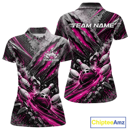Pink Claw Marks Custom Bowling Jersey, Bowling Tournament Women Polo Shirt Team Uniform IPHW12418