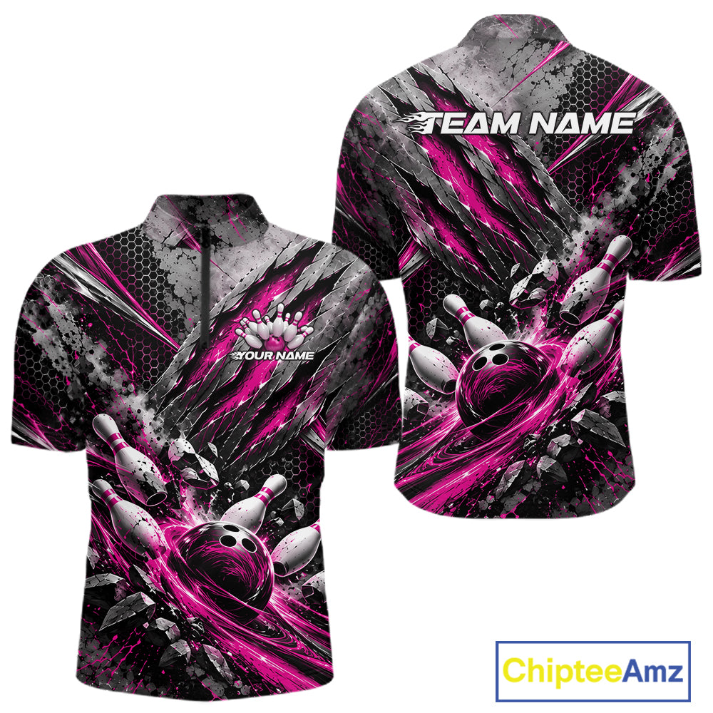 Pink Claw Marks Custom Bowling Jersey, Bowling Tournament Men Quarter Zip Shirt Team Uniform IPHW12418