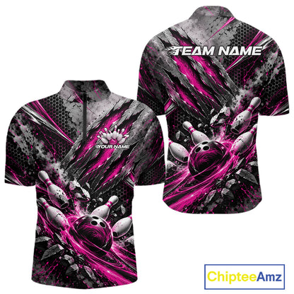 Pink Claw Marks Custom Bowling Jersey, Bowling Tournament Men Quarter Zip Shirt Team Uniform IPHW12418