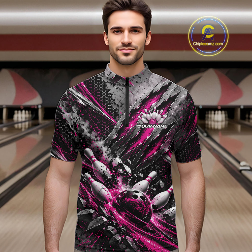 Pink Claw Marks Custom Bowling Jersey, Bowling Tournament Men Quarter Zip Shirt Team Uniform IPHW12418