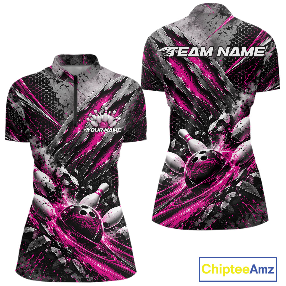 Pink Claw Marks Custom Bowling Jersey, Bowling Tournament Women Quarter-Zip Shirt IPHW12418