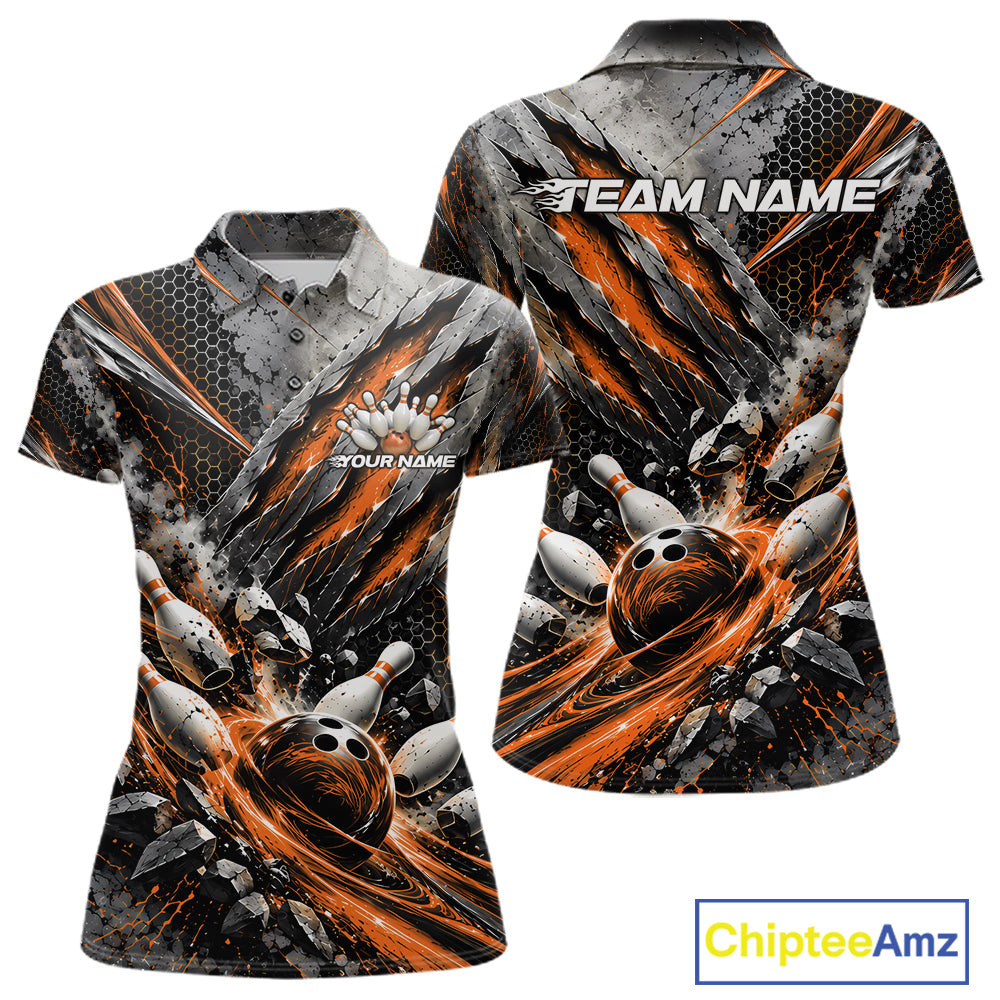 Orange Claw Marks Custom Bowling Jersey, Bowling Tournament Women Polo Shirt Team Uniform IPHW12419