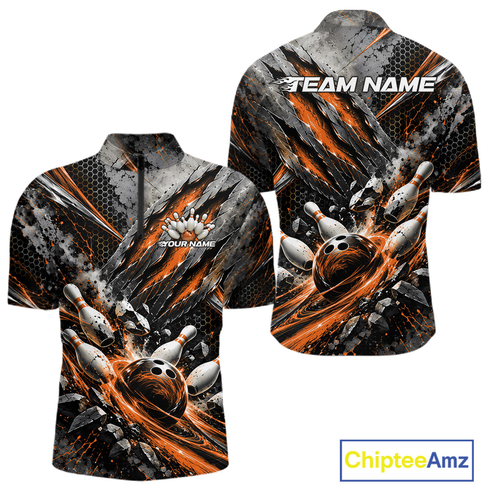Orange Claw Marks Custom Bowling Jersey, Bowling Tournament Men Quarter Zip Shirt Team Uniform IPHW12419