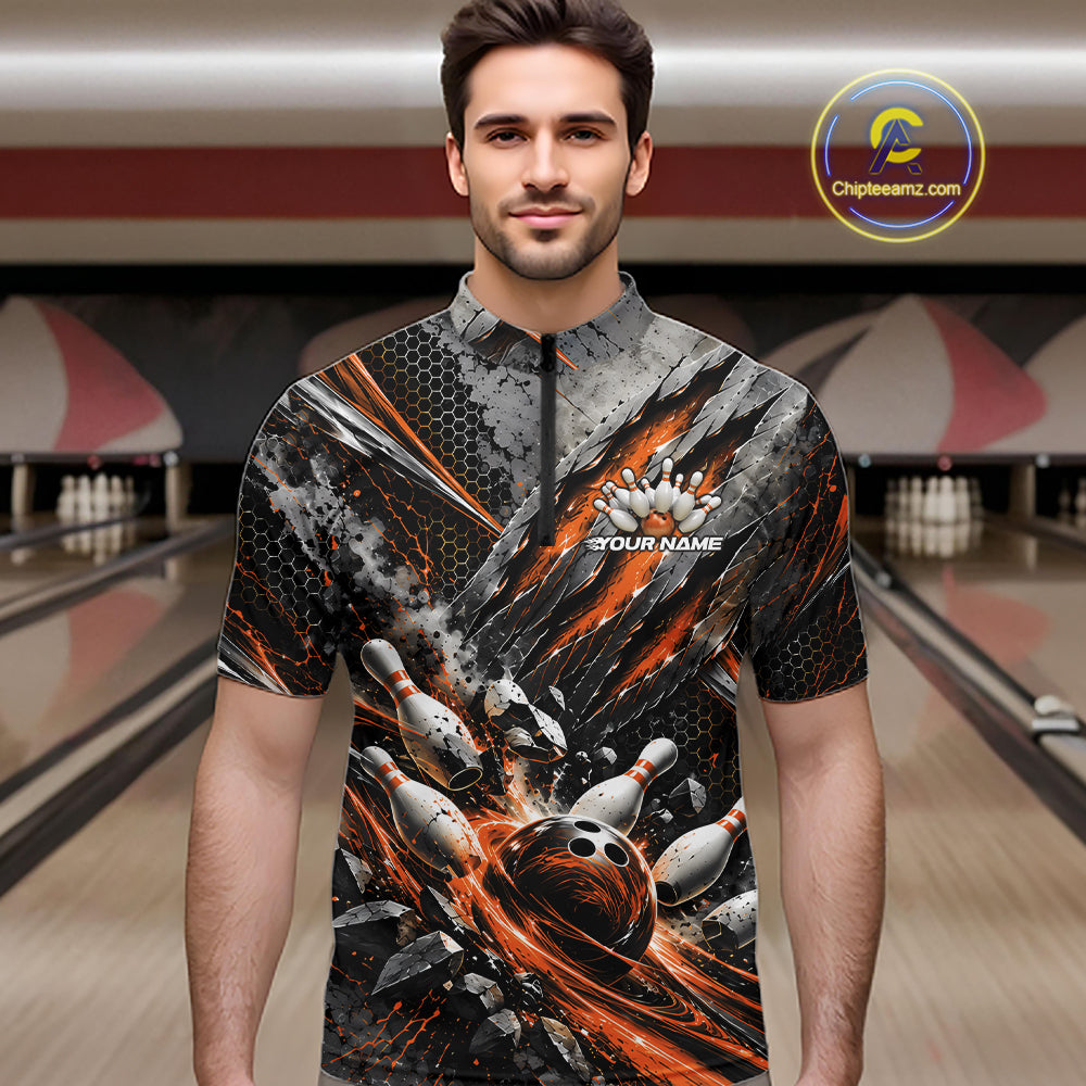 Orange Claw Marks Custom Bowling Jersey, Bowling Tournament Men Quarter Zip Shirt Team Uniform IPHW12419