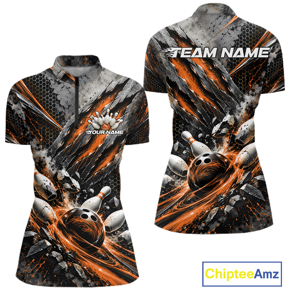 Orange Claw Marks Custom Bowling Jersey, Bowling Tournament Women Quarter-Zip Shirt IPHW12419