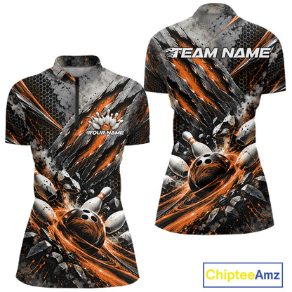 Orange Claw Marks Custom Bowling Jersey, Bowling Tournament Women Quarter-Zip Shirt IPHW12419
