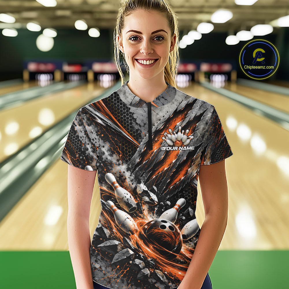 Orange Claw Marks Custom Bowling Jersey, Bowling Tournament Women Quarter-Zip Shirt IPHW12419