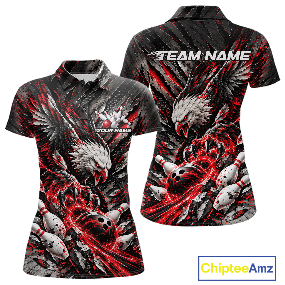 Custom Red Eagle Bowling Polo Shirt For Women, Bowling Team Jersey Bowlers Outfit IPHW12420