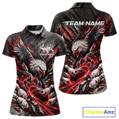 Custom Red Eagle Bowling Polo Shirt For Women, Bowling Team Jersey Bowlers Outfit IPHW12420