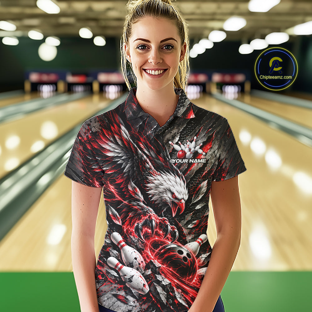Custom Red Eagle Bowling Polo Shirt For Women, Bowling Team Jersey Bowlers Outfit IPHW12420