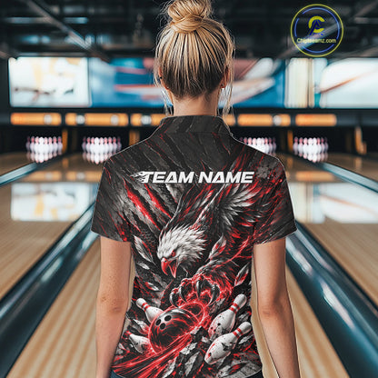 Custom Red Eagle Bowling Polo Shirt For Women, Bowling Team Jersey Bowlers Outfit IPHW12420