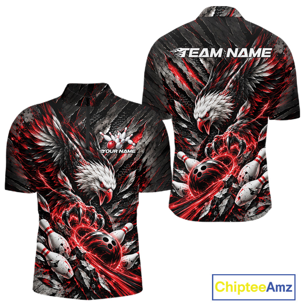 Custom Red Eagle Bowling Quarter Zip Shirt For Men, Bowling Team Jersey Bowlers Outfit IPHW12420