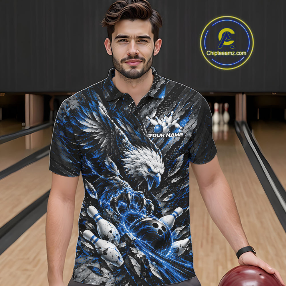 Custom Blue Eagle Bowling Polo Shirt For Men, Bowling Team Jersey Bowlers Outfit IPHW12421