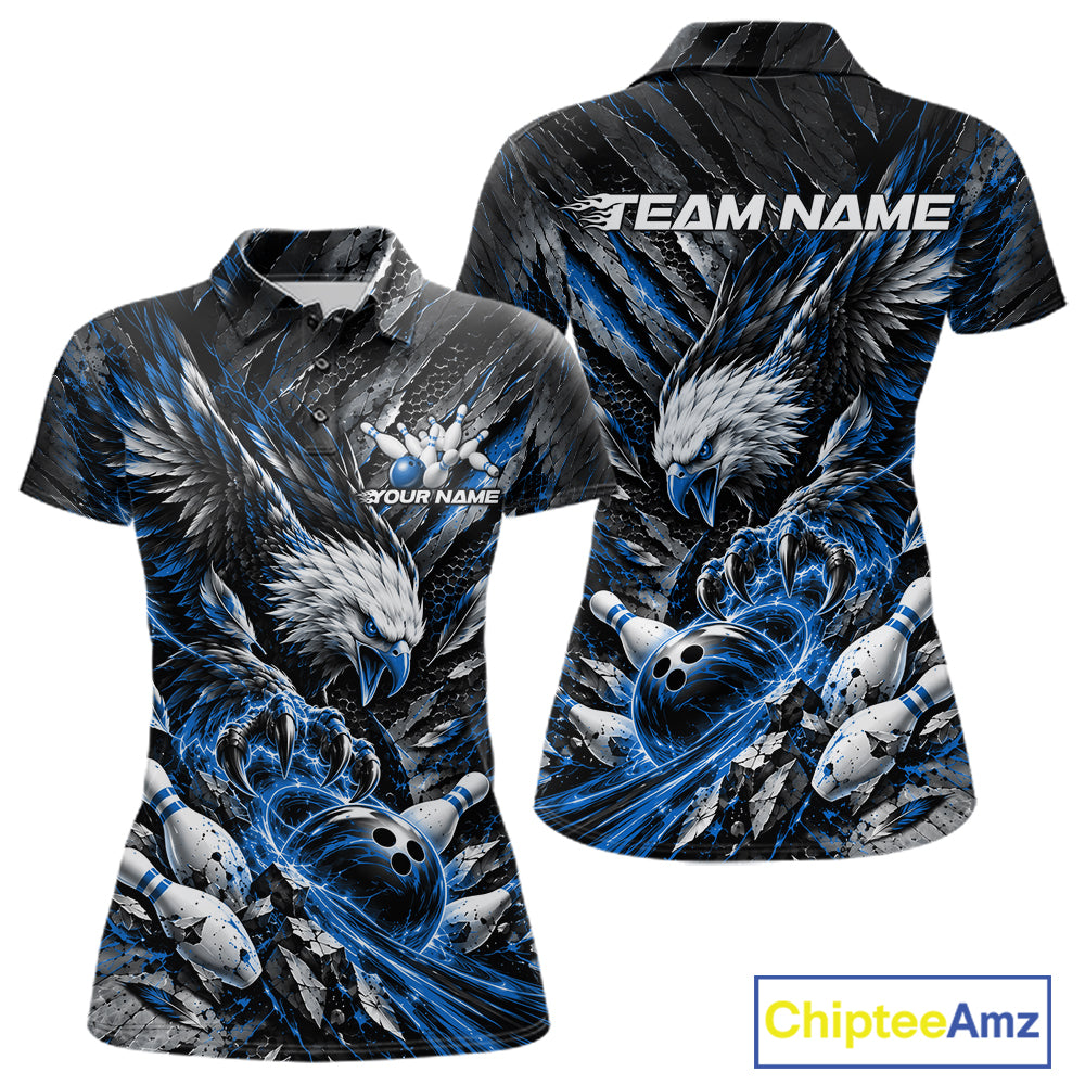 Custom Blue Eagle Bowling Polo Shirt For Women, Bowling Team Jersey Bowlers Outfit IPHW12421
