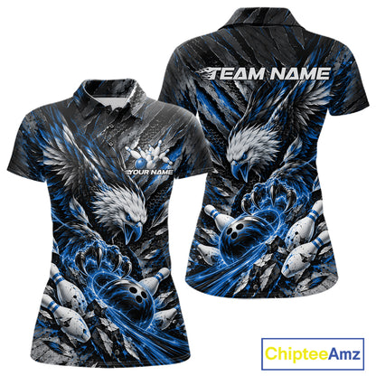 Custom Blue Eagle Bowling Polo Shirt For Women, Bowling Team Jersey Bowlers Outfit IPHW12421