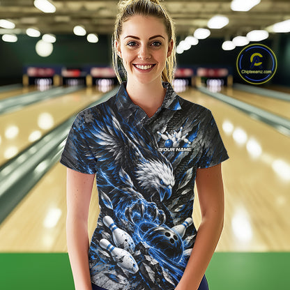Custom Blue Eagle Bowling Polo Shirt For Women, Bowling Team Jersey Bowlers Outfit IPHW12421