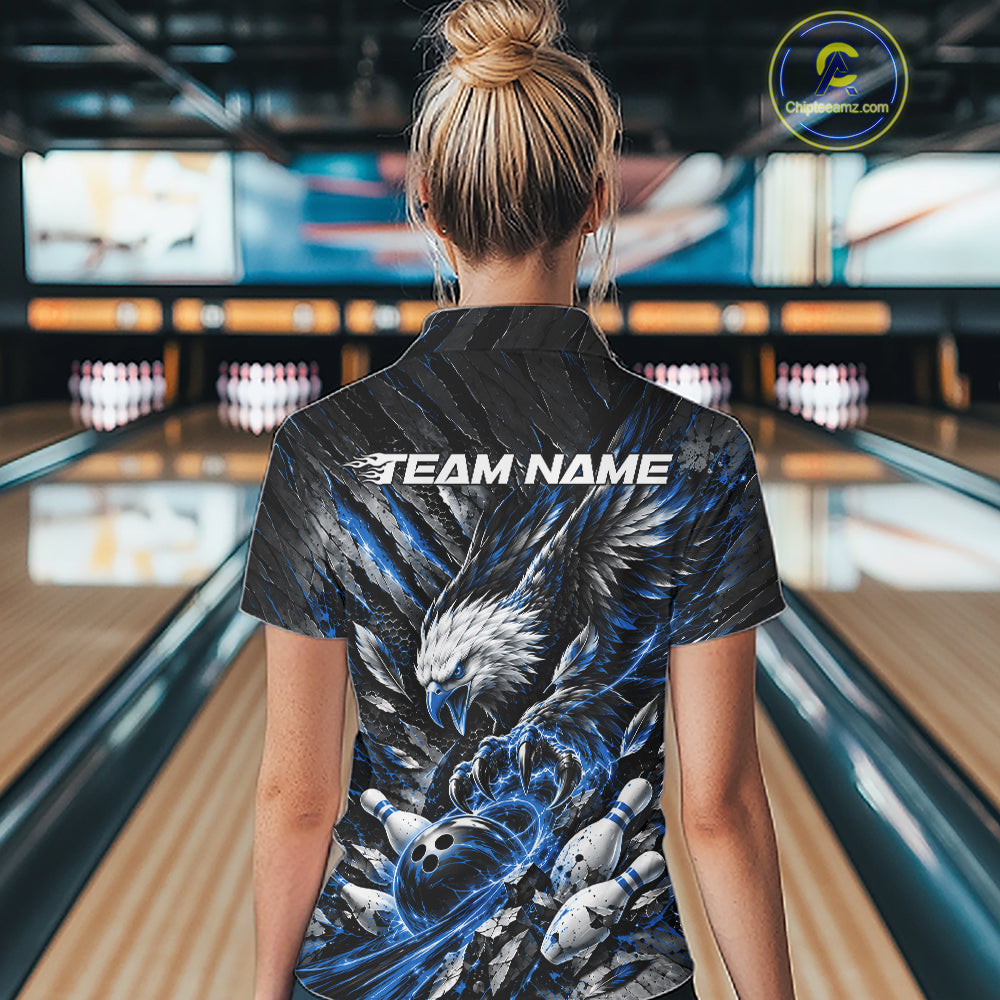 Custom Blue Eagle Bowling Polo Shirt For Women, Bowling Team Jersey Bowlers Outfit IPHW12421