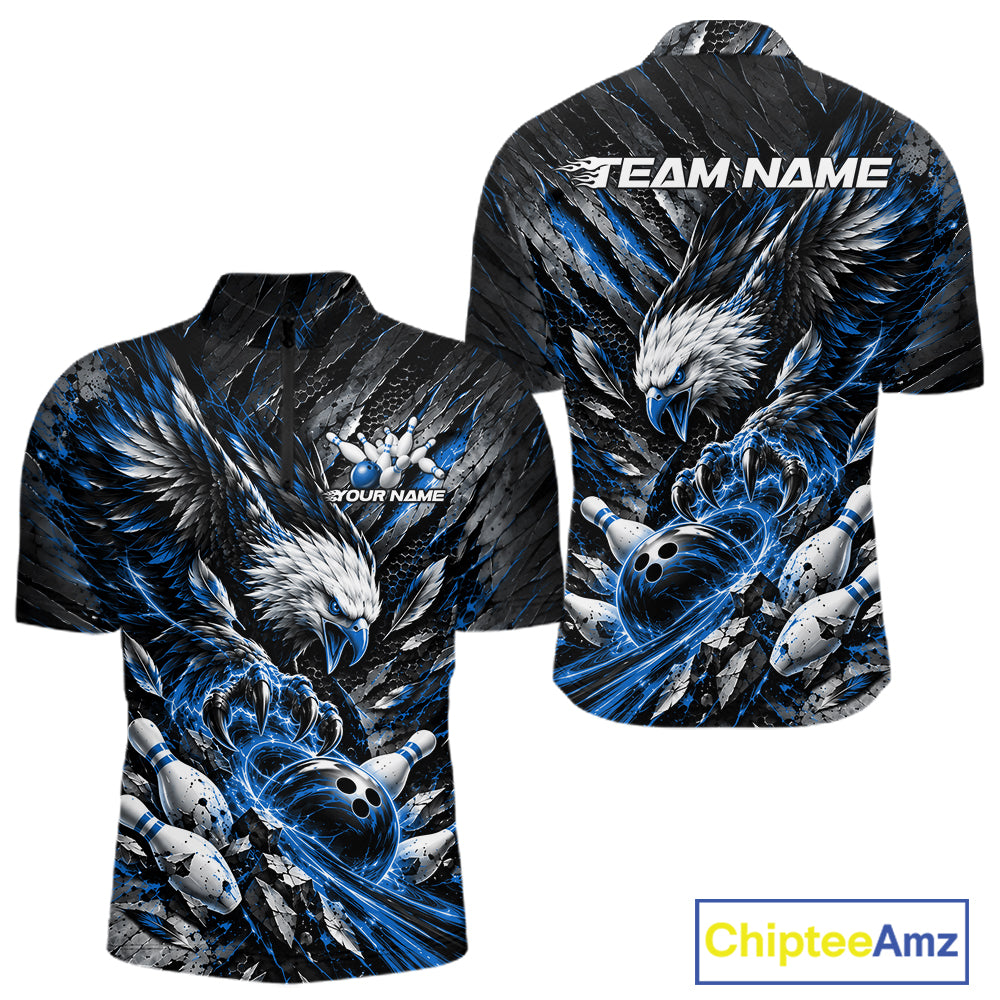 Custom Blue Eagle Bowling Quarter Zip Shirt For Men, Bowling Team Jersey Bowlers Outfit IPHW12421