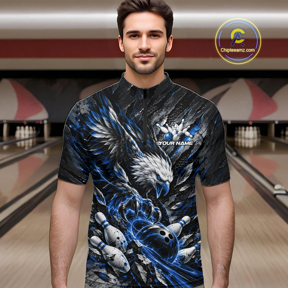 Custom Blue Eagle Bowling Quarter Zip Shirt For Men, Bowling Team Jersey Bowlers Outfit IPHW12421