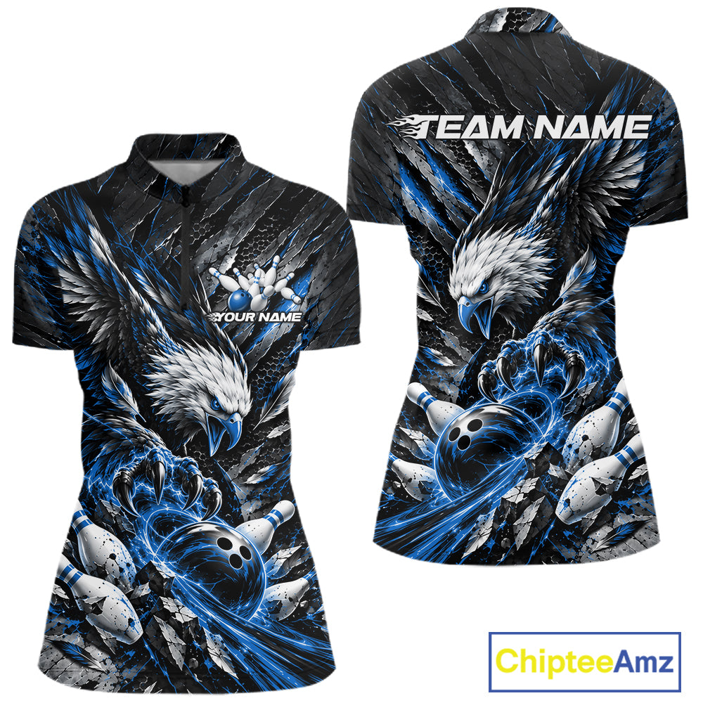 Custom Blue Eagle Bowling Women Quarter-Zip Shirt, Bowling Team Jersey Bowlers Outfit IPHW12421