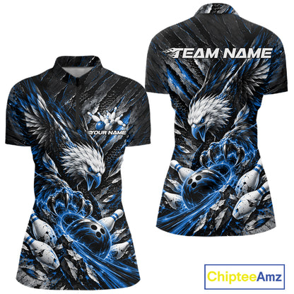 Custom Blue Eagle Bowling Women Quarter-Zip Shirt, Bowling Team Jersey Bowlers Outfit IPHW12421