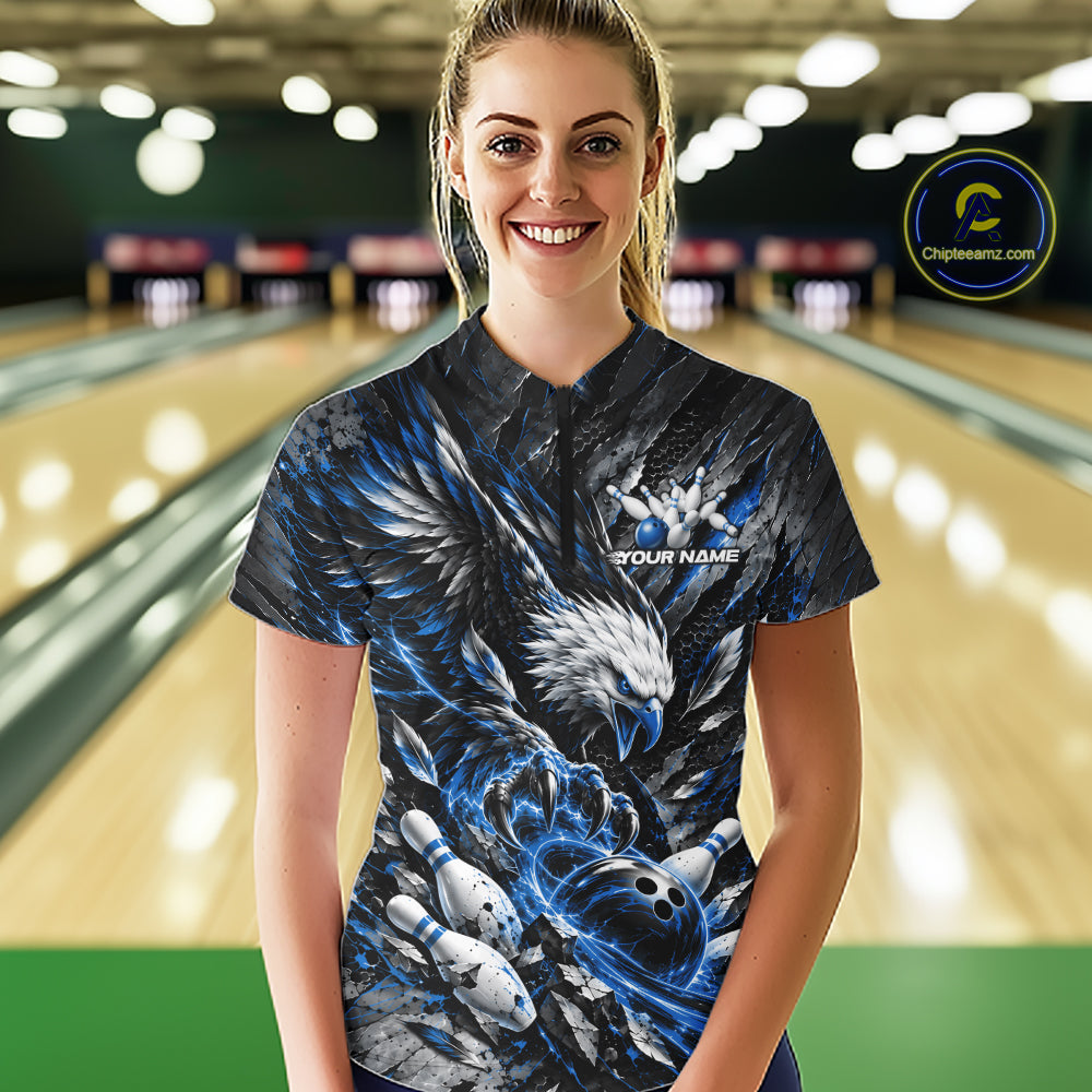 Custom Blue Eagle Bowling Women Quarter-Zip Shirt, Bowling Team Jersey Bowlers Outfit IPHW12421