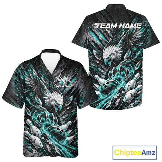Custom Turquoise Eagle Bowling Button Up Shirt For Men And Women, Bowling Team Jersey Bowlers Outfit IPHW12422